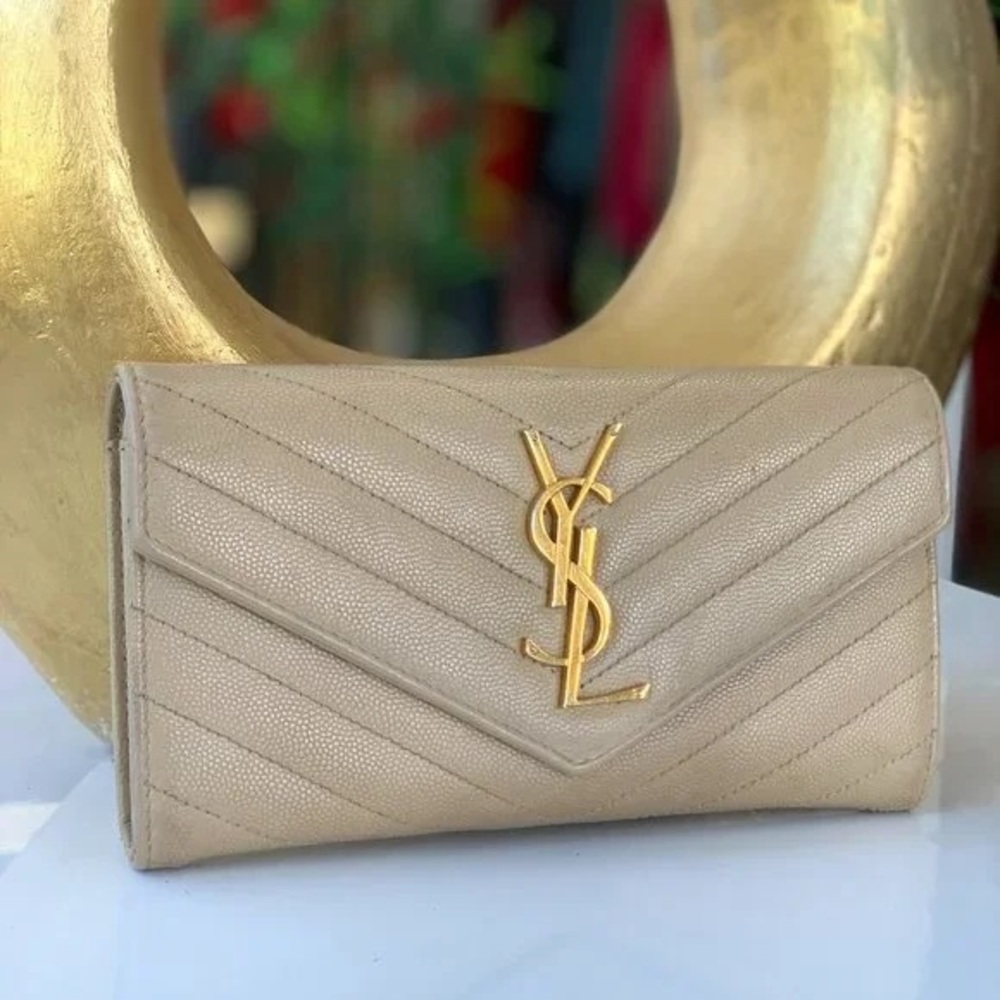 Yves Saint Laurent Beige Wallet with Gold Logo